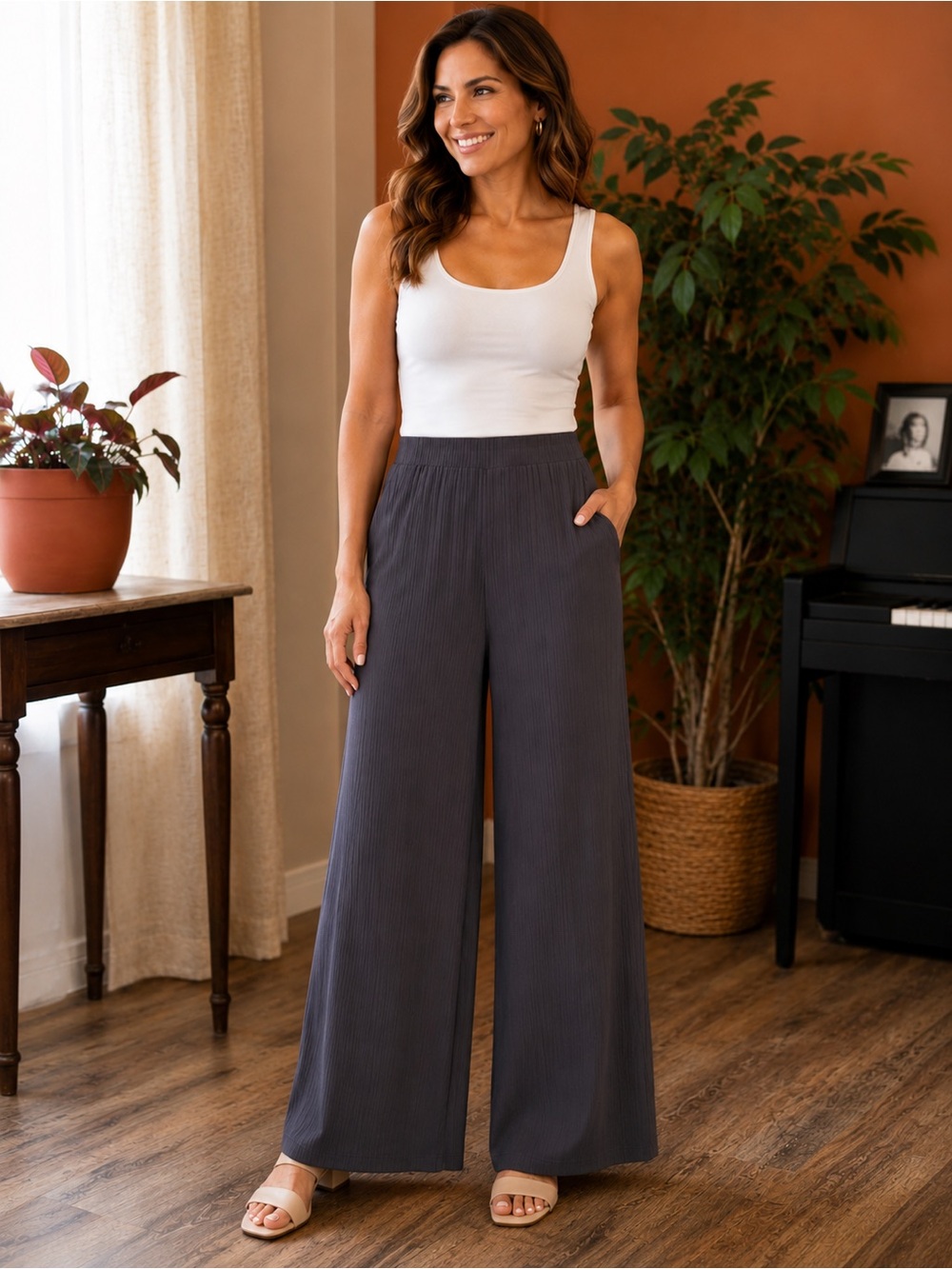 Forever 21 Charcoal Wide-Leg Ribbed Knit Pants